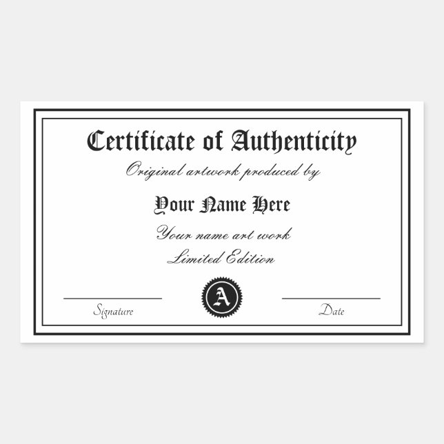 Adesivo Retangular Modelo de certificado de autenticidade arte genuín (Frente)