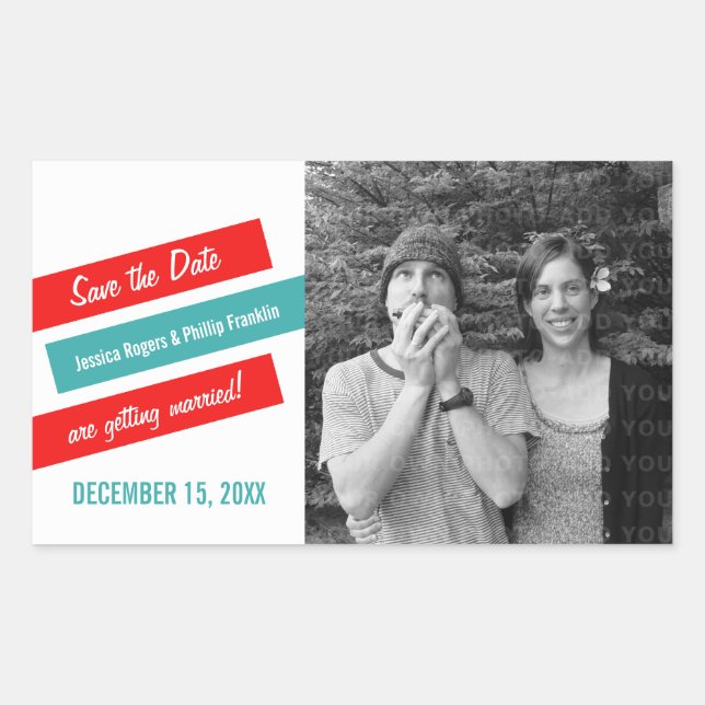 Adesivo Retangular Modern Slant Save the Date Stickers (Vermelho/Teal (Frente)
