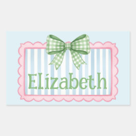 Adesivo Retangular Moldura Rosa e Azul Com Laço de Gingham Verde