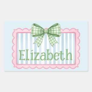 Adesivo Retangular Moldura Rosa e Azul Com Laço de Gingham Verde