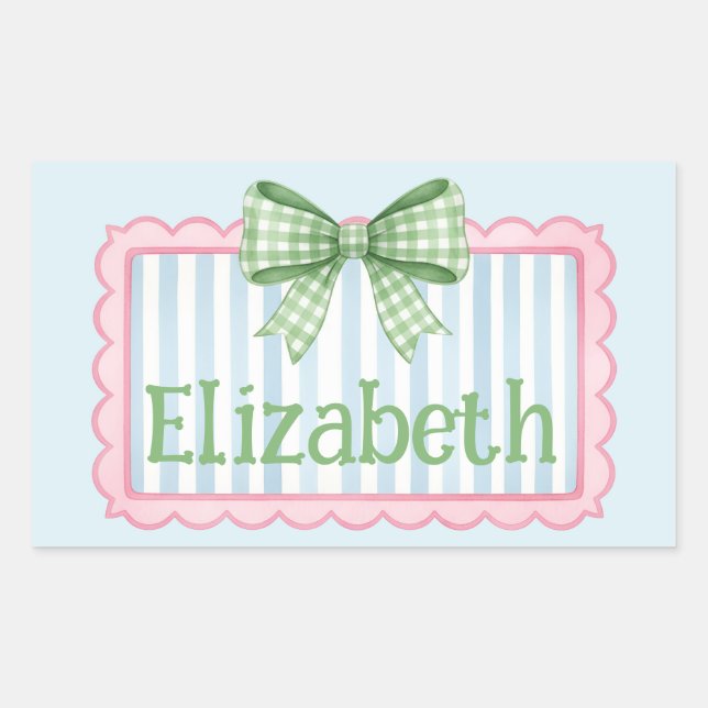 Adesivo Retangular Moldura Rosa e Azul Com Laço de Gingham Verde (Frente)