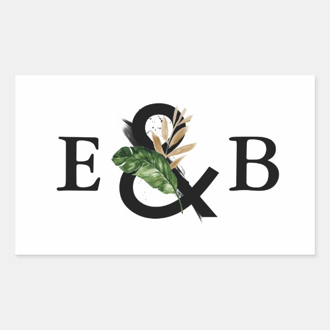 Adesivo Retangular Monograma de Casamento de Folhas Tropicais Faux Go (Frente)