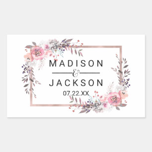 Adesivo Retangular Monograma de casamento floral com moldura em rosa