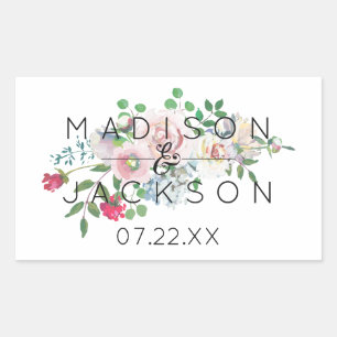 Adesivo Retangular Monograma de casamento floral em aquarela com rosa