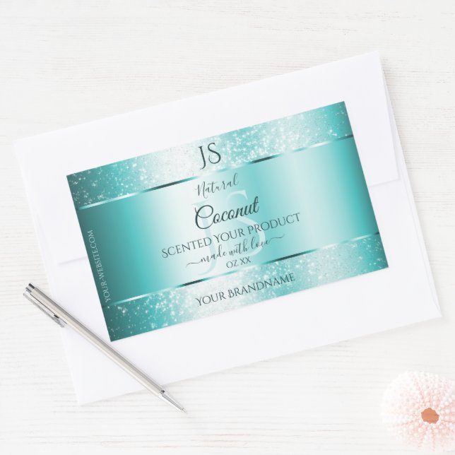 Adesivo Retangular Monograma do Rótulo de Produto Suave do Teal Elega (Envelope)