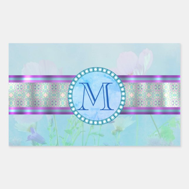 Adesivo Retangular Monograma Floral Azul Pastel (Frente)