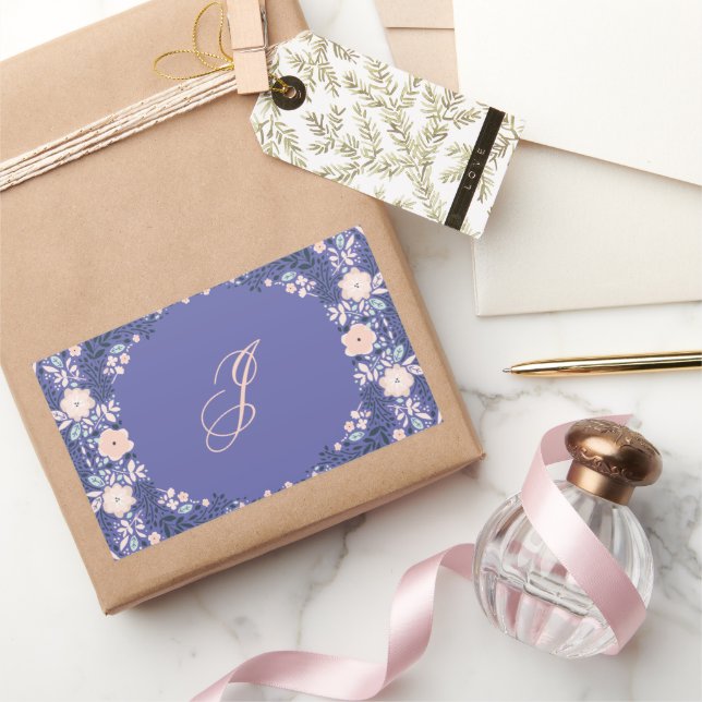 Adesivo Retangular Monograma Floral Púrpura Leve Personalizado (Presentear)