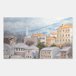 Adesivo Retangular Mostar, Bósnia - Pintura de Townscape Acrílico