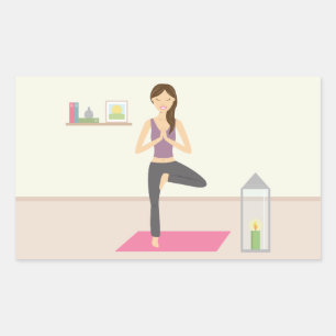 Adesivo Retangular Mulher Bonita Fazendo Yoga em uma Sala Decorada
