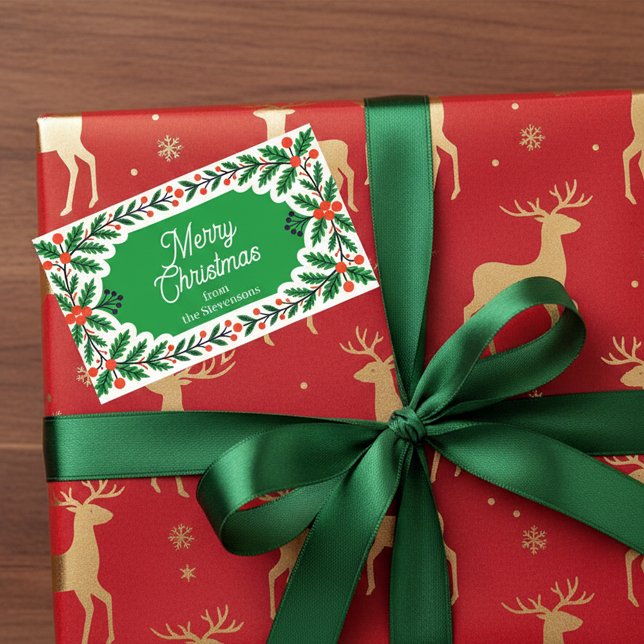 Adesivo Retangular Natal clássico Holly Berries & Pine Wreath (Criador carregado)