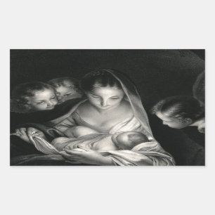 Adesivo Retangular Natividade Bebê Jesus Virgem Maria Anjos Preto Bra