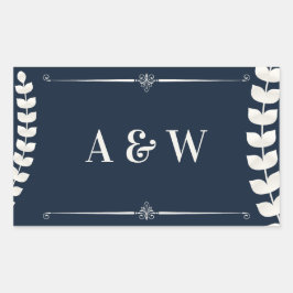 Adesivo Retangular Navy Blue and Ivory Elegant Laurel Monogram Weddin