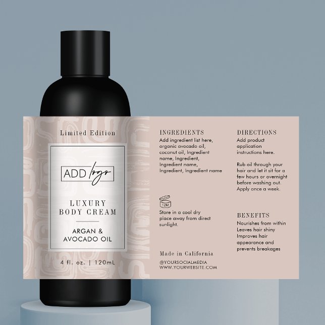Adesivo Retangular Neutral Beige Bohemian Logo 4OZ Cosmetic Bottle (Modern boho style cosmo bottle wraparound label template)