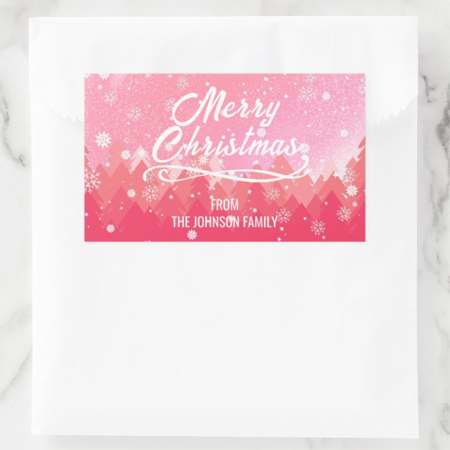 Adesivo Retangular Neve Branca Rosa Floresta Pacífica Feliz Natal (Bolsa)