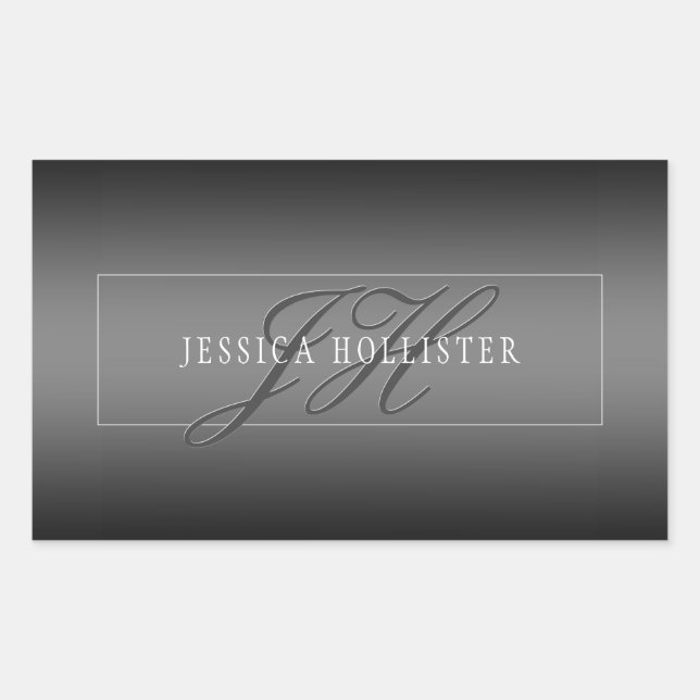 Adesivo Retangular Nome Elegante e Iniciais Monogramados | Cinza e pr (Frente)