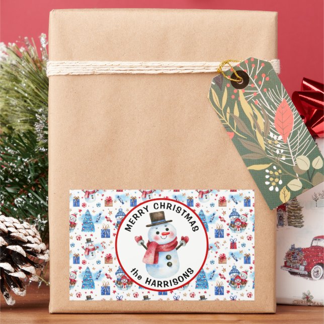 Adesivo Retangular Nome, Feliz Natal, Retro Snowman Padrão (Feriado)