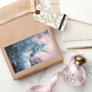 Adesivo Retangular Nome Personalizado Belo Unicórnio