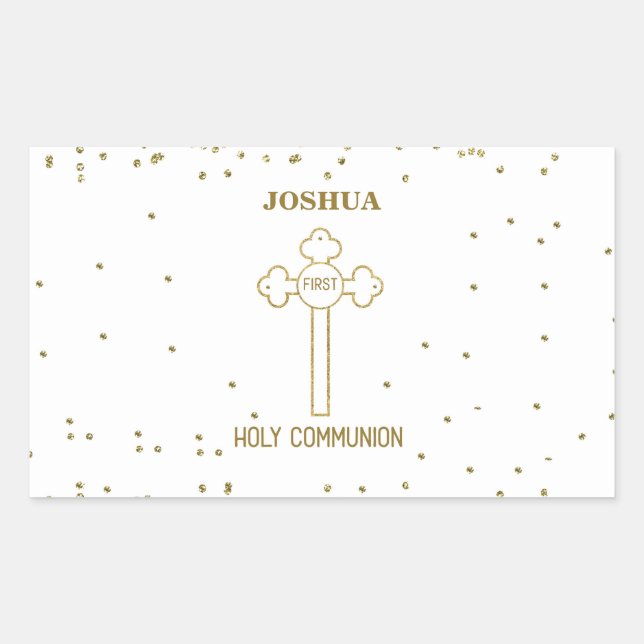 Adesivo Retangular Nome Personalizado Primeira Comunhão Dourada Cruz (Frente)