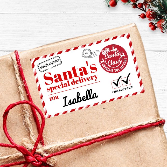 Adesivo Retangular Nome Personalizado Red Bold Santas Entrega Especia (Personalized kids Name Red white modern Bold Santas Special Delivery stamps postage label sticker)