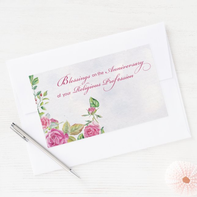 Adesivo Retangular Nun Aniversário da Profissão Religiosa Rosas Rosa (Envelope)
