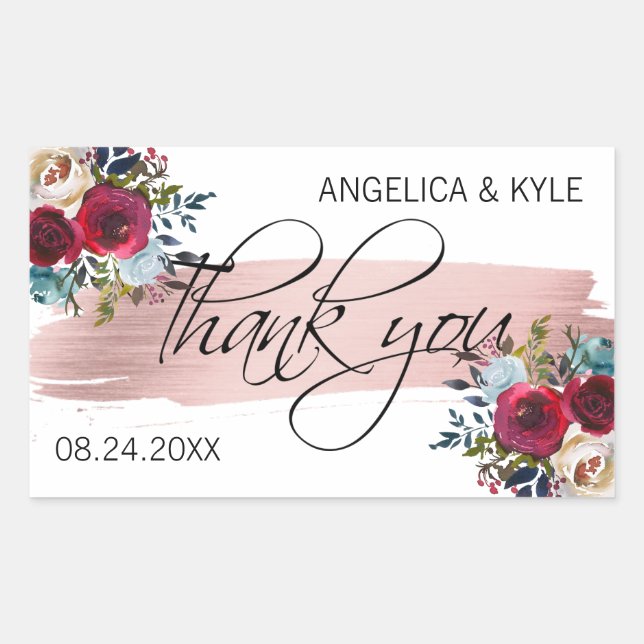 Adesivo Retangular Obrigado Floral Burgundy Rosa de Casamento Dourado (Frente)