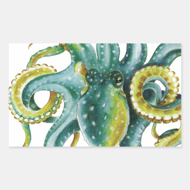 Adesivo Retangular Octopus Green Watercolor Art (Frente)
