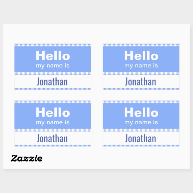 Adesivo Retangular Olá Meu Nome É - Gingham azul e branco (Folha)