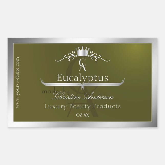 Adesivo Retangular Olive Green Product Label Silver Frame Monogram (Frente)