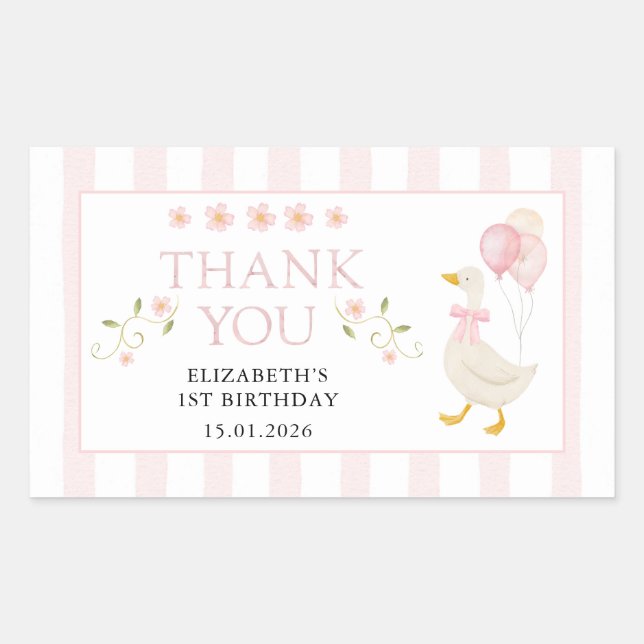 Adesivo Retangular One Silly Goose Girl 1st Birthday Pink Thank You (Frente)