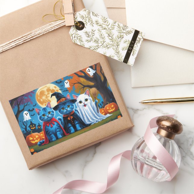 Adesivo Retangular Oriental Blue Cats Pumpkin Halloween Engraçado (Presentear)