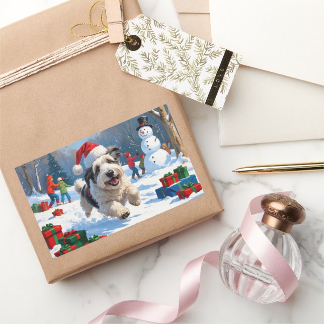 Adesivo Retangular Ovelha Cachorra Inglesa Correndo em Chapéu de Nata (Presentear)