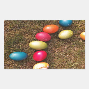 Adesivo Retangular Ovos Pintados Coloridos no Jardim, Ovo de Páscoa
