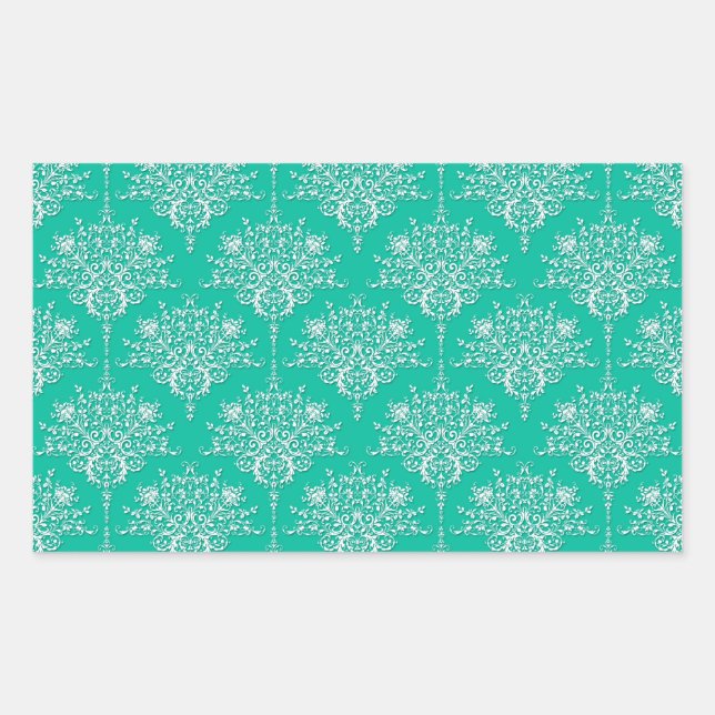 Adesivo Retangular Padrão Damask em Verde Teal Mint e Branco (Frente)