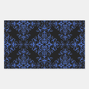 Adesivo Retangular Padrão de estilo damasco floral azul e preto elega