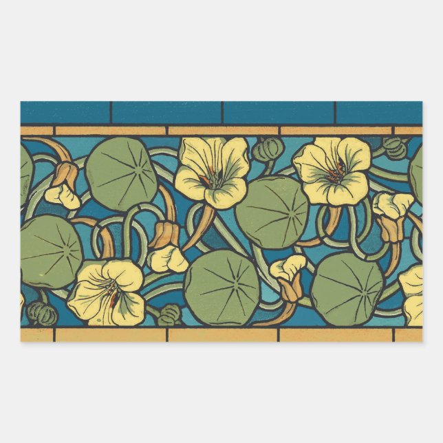 Adesivo Retangular Padrão Nouveau da Flor Nasturtium Amarelo Azul (Frente)