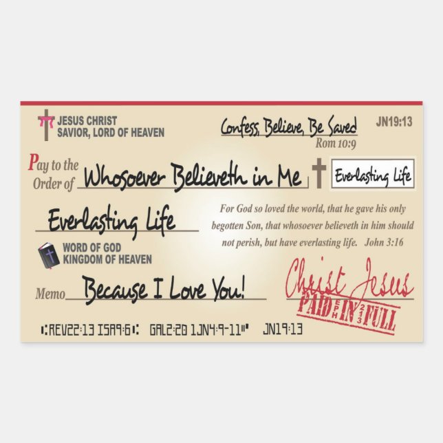 Adesivo Retangular Pagos em Cheio Salvo por Jesus Check Christian (Frente)