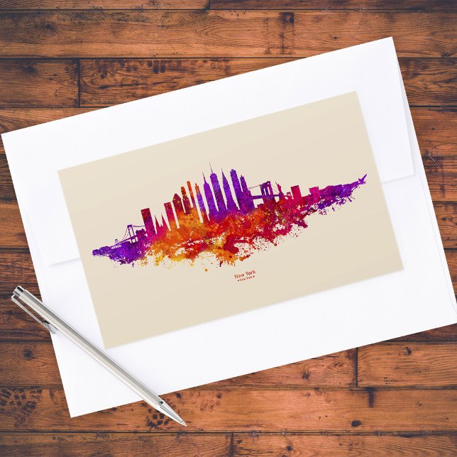 Adesivo Retangular Paisagem da Cidade de Nova York Aquarela em Branco (New York City Skyline Watercolor on White. Rectangular Sticker)