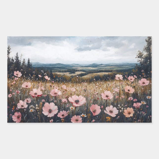 Adesivo Retangular Paisagem de Flores Selvagens Cor-de-Rosa Esbranqui (Frente)