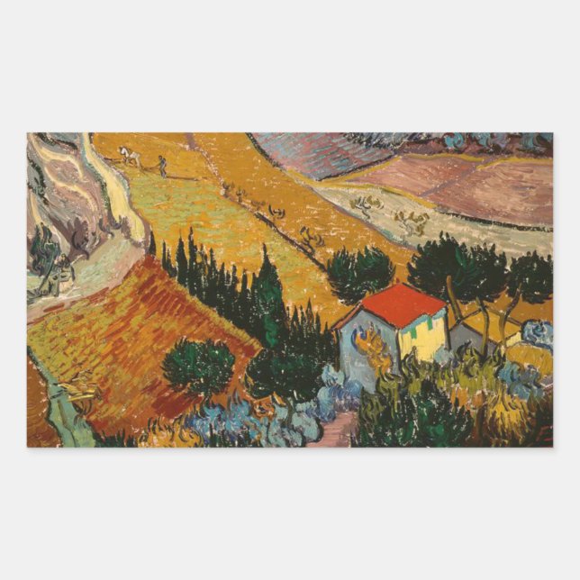 Adesivo Retangular Paisagem Van Gogh com House e Plowman (Frente)