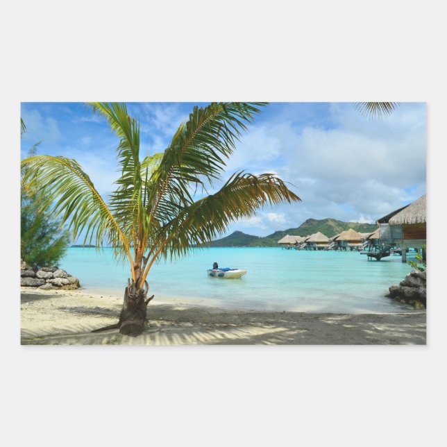 Adesivo Retangular Palmeira e vinheta retangular de resort sobre água (Frente)