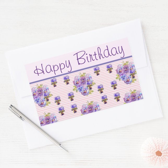 Adesivo Retangular Pansy Flower Pink Stripe floral Feliz Aniversário (Envelope)