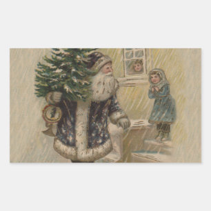 Adesivo Retangular Papai Noel Vintage Árvore de Natal na Neve