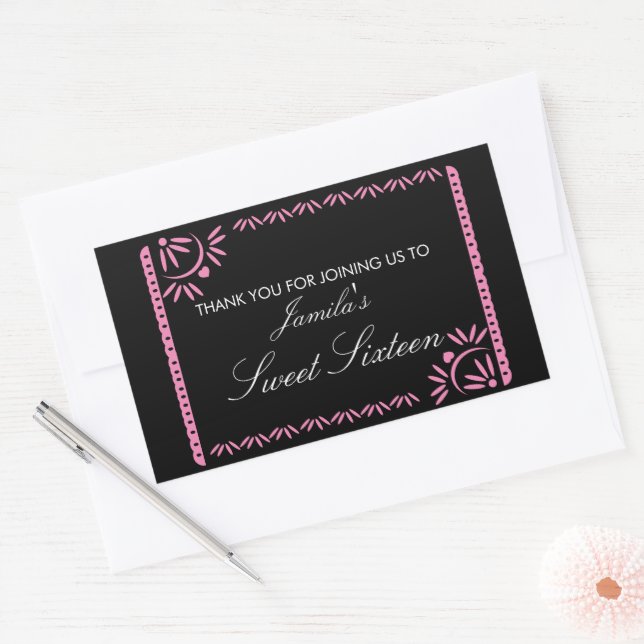 Adesivo Retangular Papel Picado Fiesta Sweet 16 Mexicano Scallop Pink (Envelope)