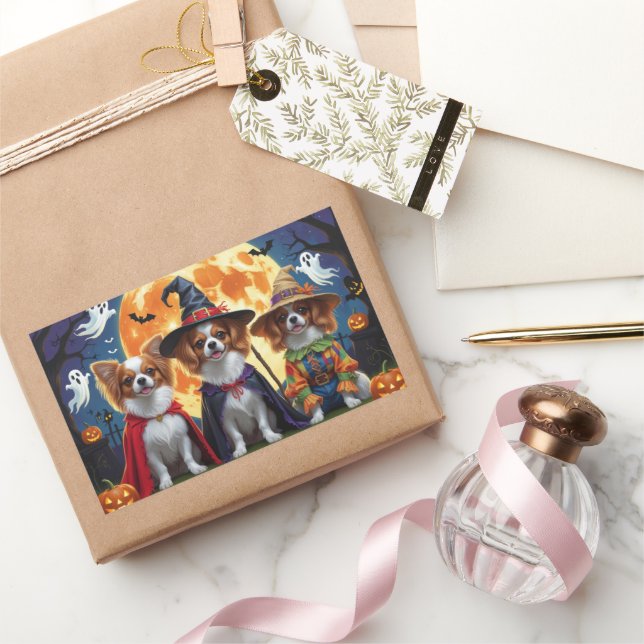 Adesivo Retangular Papillon Dogs Pumpkin Halloween Engraçado (Presentear)