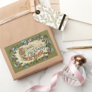 Adesivo Retangular Para Desejar um Feliz Ano Novo, Antigo Victoriano