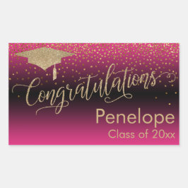 Adesivo Retangular Parabéns Graduação Confetti Dourada Rosa Quente