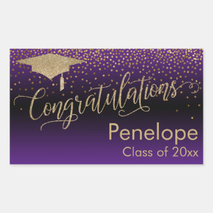 Adesivo Retangular Parabéns Graduação de Confetti Dourada Roxo