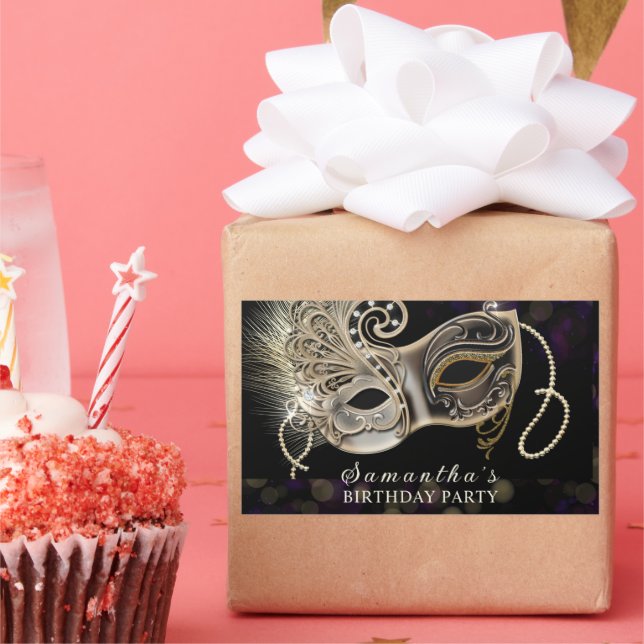 Adesivo Retangular Partido Dourado Púrpura Mascarada Personalizado (Festa)