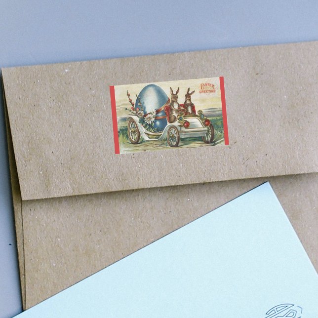 Adesivo Retangular Páscoa Vintage Saudações Rabbits Ovos de Carro Ant (Rabbits driving old time car hauling big blue Easter Egg Red borders on Easter Greetings stickers.)