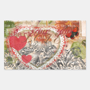 Adesivo Retangular Pássaros do Amor Coração Vermelho Colagem de Arte